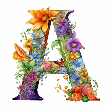 A digital illustration of the flower alphabet clipart for the letter A, featuring a vibrant and whimsical style reminiscent of the works of Beatrix Potter. The letter A is creatively formed by a variety of colorful and intricate flowers, each with its own unique shape and petal arrangement. Against a clean white background, the floral A stands out prominently, exuding a sense of elegance and natural beauty. Soft, diffused lighting ensures that every detail of the flowers is showcased with clarit