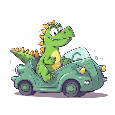 Character Dinosaur rides in a convertible, car without a roof, no background, kids style, 2D, vector, good quality, Pixar children's book illustration, vector, cartoon character, hand drawing, clipart