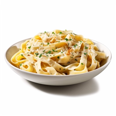 Fettuccine Alfredo: Pasta with a creamy Parmesan and butter sauce , watercolor clipart, transparent white background, food photography, soft cinematic lights, juicy, bright, high quality, ultra detailed, 32k