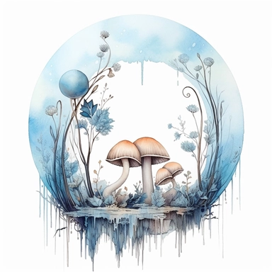 mushroom motif , Magic Mushrooms, Watercolour Mystical Mushrooms Clipart, lacey, framed with sky, fantasy branch and twig frame, pastel blue, woods framing, under the sky dome, Fantasy, watercolor illustration, aquarellist, white background, clipart