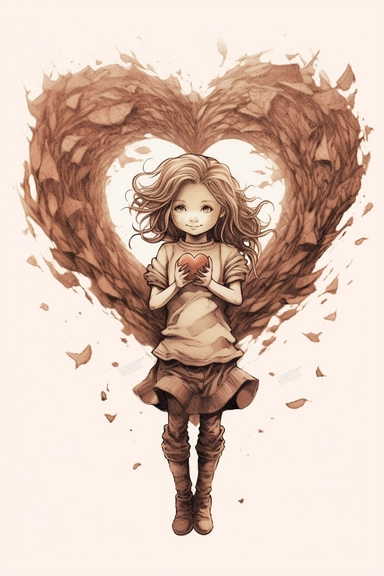 a little girl is holding up a heart, in the style of light beige and brown, meticulous inking, dye-transfer, lovely, wimmelbilder, angelcore, enamel, clipart
