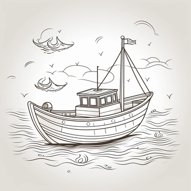 coloring page for kids of boat, white neutral background, clean line art, low details , 1,5px thick black lines, clipart