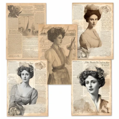 vintage style woman newspaper illustrations clipart set, detailed 4k, clipart style, background white