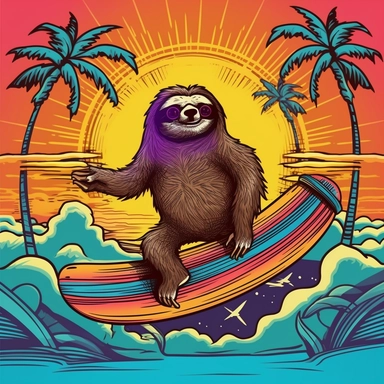 A sunglasses-clad sloth with a Cuban cigar surfing on a Hawaiian wave, eye-catching clipart, sunset colors and silhouettes of surfers in the background, highlighting the sloth's relaxed nature, Clipart, vector illustration using Affinity Designer