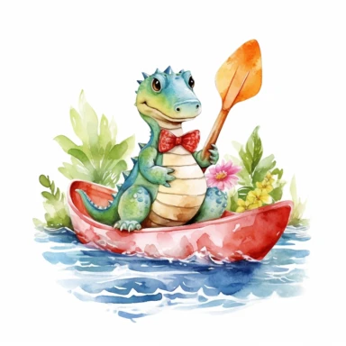 a cute dinosaur sitting in Kayak clipart,summer concept,watercolor illustration, high definition, white background for removing background- - no text shadow font watermark