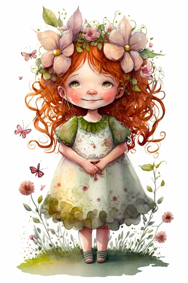 cute little fairy girl, red hair princess, flowers around, smiling, full body, nice worm eyes, watercolor clipart, intricate details, white background