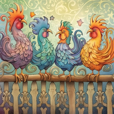 Whimsical magical wacky chickens on a fence, muted colors, swirls, twists, twirls, metallic, glitter, stylized, funny, centered, airbrushed, digital oil, detailed illustration, clip art, cartoon, 8k,-- ar 9:8