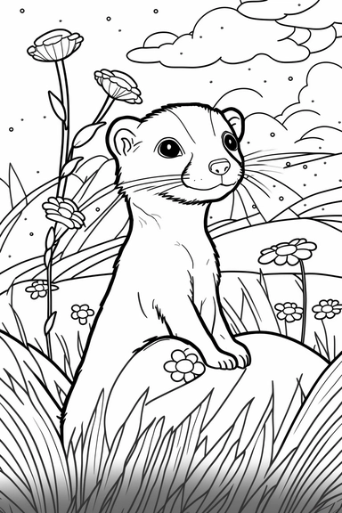 a happy ferret in grasslands, black and white clipart for a kids coloring page, simple and clean, thin line art, accurate features, proportionally sized, illustration style,