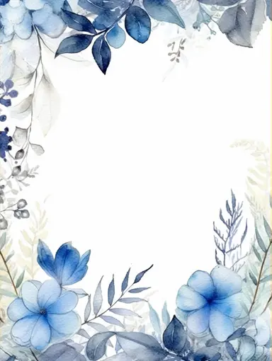 Square watercolor leaf frame, clipart, in the style of cottagecore, enchanting bloomcore, high resolution, joyful celebration of nature, white and blue