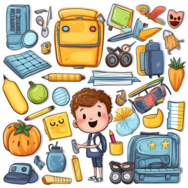 School Clipart, Kids realistic illustrations, stickers, school supplies