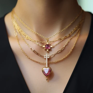 three-layer necklace with yellow gold paper clip chain, color gemstone mini cross charm embellishments around, with pink diamond heart shaped center pendant, ballerina core fused with norm core