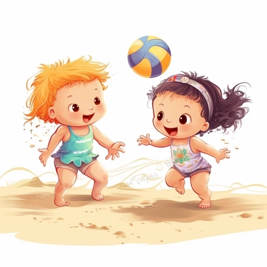 cute babies playing volleyball at the beach, summer time, no watermark, white background, clipart