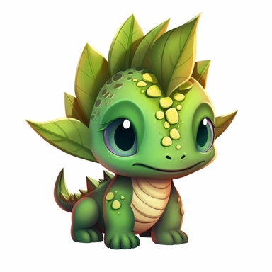 a green baby dinasours with leaf shaped horns over head to back, beautiful cute looking, dark colors, deep eyes, clipart on white background