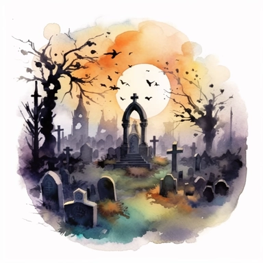 Halloween watercolor painting of graveyard, cemetery, gravestones and grave stones, in the style of sketchfab, nightcore, free brushwork, vanitas paintings, colorful ink wash paintings, romantic scenes, painted illustrations, , isolated white background, clipart,