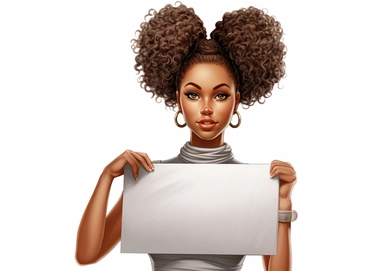 Cartoon Clipart of beautiful African American girl with braided hair, girl holding a blank board on white background, Norman Rockwell style is 20 years old holding white sheet poster, in the style of street style realism, uhd image, illustrated advertisements, eye-catching composition, photorealistic detail, light silver and brown, matte photo