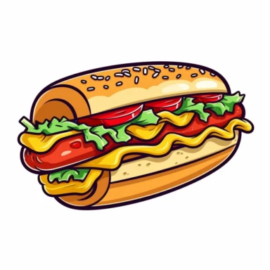 hot dog sandwich clipart vector logo style, cartoon art illustration premium vector, cartoon style, extremley detailed, vector, bold outline, 2d, flat vector design, vector design, isolated in white background