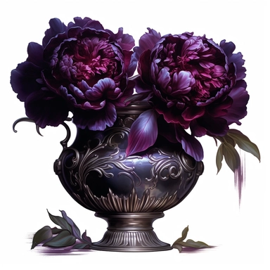 gothic dark peonies in metallic vase, painting, dark fantasy, clipart, digital art techniques, hyper-realistic oil, eerie compositions, white background