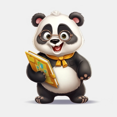cute panda, teacher, happy and smiling, clipart, white background, no shadow