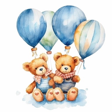 nany boy twins watercolor teddy bear in hot air balloons cute png clipart