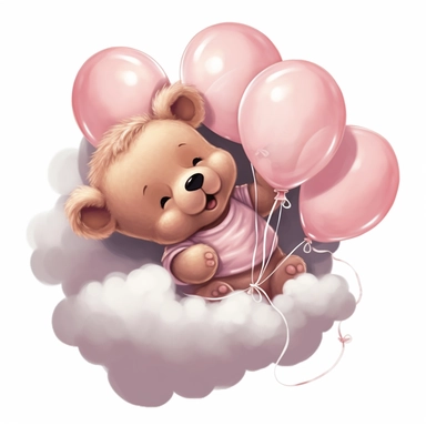 a smiling sleeping brown baby teddybear laying on a cloud, wearing a pink bib, tied in pink and white balloons, clipart, black background