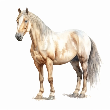 clipart, Watercolour, hand drawn, highly realistic, muted tones, beautiful, farm horse, whole horse standing, white background, just horse nothing else