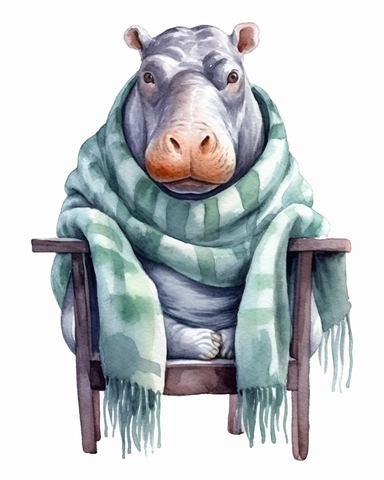 detailed watercolor Baby hippopotamus on a chair with scarf , realistic, isolated on a white background, clipart
