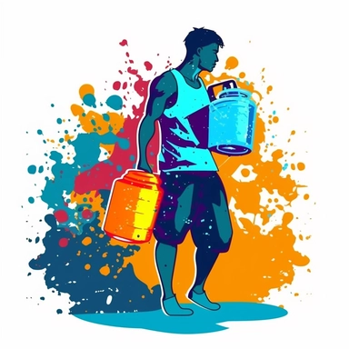 african aquarius zodiac carrying large water jug on his shoulder and pouring the water into a large puddle of water in the style of colorful splatter graffiti pouring water from his shoulder, sticker, clipart, vector, contour, colorful messy paint, white background