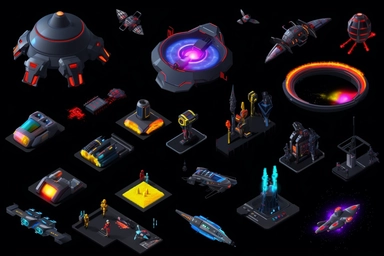 isometric game sprites, spritesheet, clipart, futuristic family hover crafts, gaming assets, sci-fi, fun, creative, cartoon render, hyper-detailed, black background, inspired by one random famous product designer, inspired by one random famous sci-fi movie
