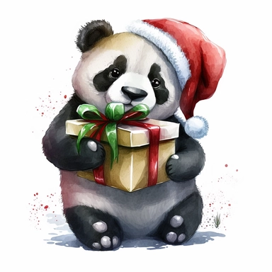 Cute and Happy Panda wearing a Santa hat and holding a Christmas present, Clipart. watercolor style, white background
