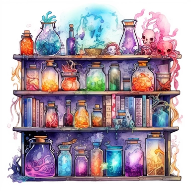 Witches PotionShelf Watercolor dreamy Clipart, pastel-core purple turquoise blue orange red yellow Magical Mystical Art, Fantasy Clipart, Witchcraft Potion many details style of Demizu Posuka no people