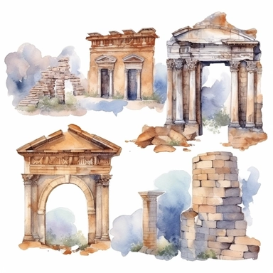 watercolor turkey ephesus ruins, illustrations clipart set, simple, , cartoon elements ,different variants ,marble elements, separate elements with a margin