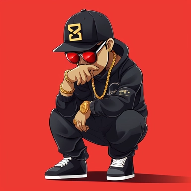 convert into dope boy mascot guy, crouched position, gold watch, gold chain necklace, square black sunglass, cartoon, flat, clipart, high quality, 4k 8k