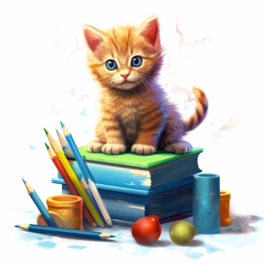 Isometric illumination of ultra realistic cute kitten in vibrant colors sitting in classroom, spaced out, sublimation clipart, watercolors and pencil style, isolated on white, ultra - detailed, high quality, ghibli style, award winning, soft realism, chiaroscuro, firecore, massurrealism, cute cartoonish designs, iconic, white background( relaxed, stealth)