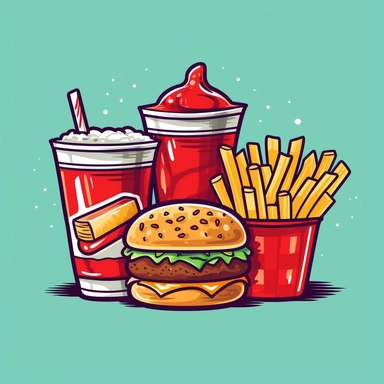 Imagine a delightful clipart featuring the classic trio of a cola, hamburger, and chips. The hand-drawn style brings an element of charm. The cola glass stands tall and fizzy, a striped straw poking out. Next to it is a delicious-looking hamburger, complete with fresh lettuce, a juicy patty, and a slice of tomato. A small heap of crispy chips sits nearby, golden and inviting. All these elements are placed on a white background, accentuating the vibrant colors and details of the food.