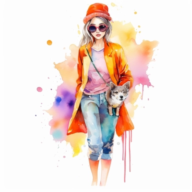 a cute clipart,unique outfit , different breed , full body , unique pose, unique outfit , white background , watercolors image, unique and vibrant , no other elements, clean shapes ,center and middle, cute