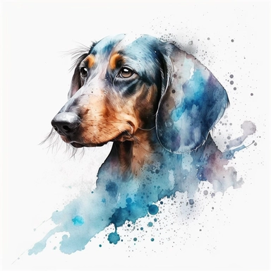 the Dachshund is painted beautifully with watercolor splashes, in the style of light azure and dark amber, uhd image, avacadopunk, ferrania p30, elegant, emotive faces, high resolution, symmetrical, white background, no overflow, clipart