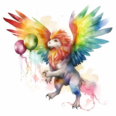 watercolor,clipart,rainbow,birthday,cute,mythical creature that is typically depicted as a hybrid between a lion and an eagle, with the body of a lion and the head and wings of an eagle.