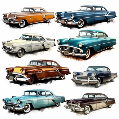cliparts featuring vintage and classic cars from different eras, such as the 1950s or 1960s. Include iconic models like the Ford Mustang, Chevrolet Camaro, Volkswagen Beetle, or Cadillac Eldorado.