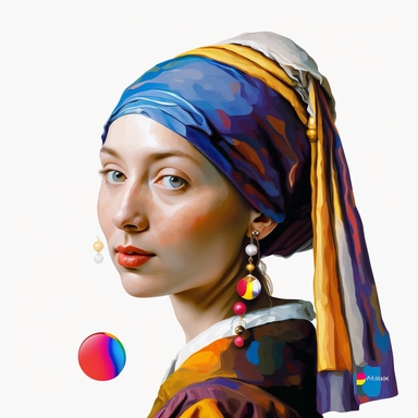 Illustration in boho style, clipart, sublimation drawing Alien in the form of a Girl with a Pearl Earring by Jan Vermeer. Bright colorful colors. White empty background, high quality 8k, quality detail