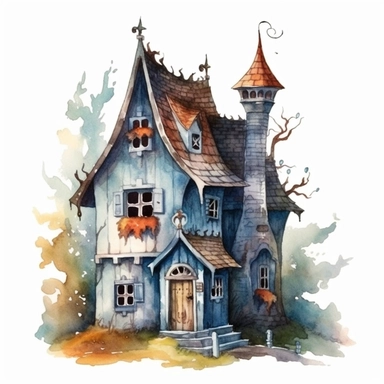 watercolor witch house, vintage style witch house, super high quality, professional watercolor clipart, high resolution, clip art, animals on the sides