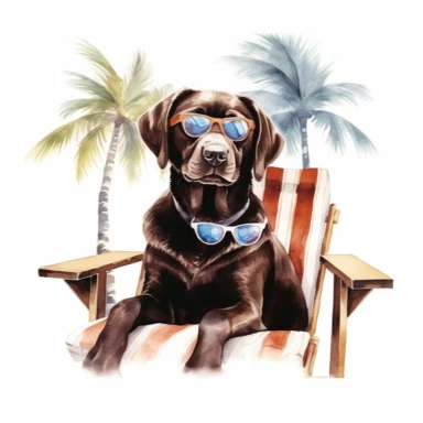 Chocolate labrador, wearing sunglasses, beach chair, white background, cool dog, summer time, clipart, palm tree, watercolor painting