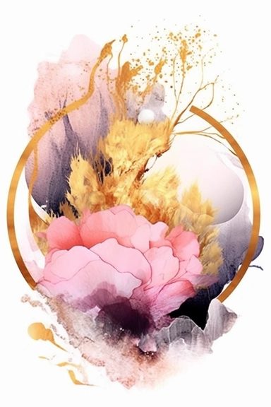 beautiful gorgeous alcohol ink of gold serene nature scene with a central focus on a pink tiger , minimalist style, crystals, glam, glossy, glitter texture, liquid ink clipart, modern and stylish design, bright colors, 300 dpi, clear decoration, clear white background, highly detailed digital art, 8k