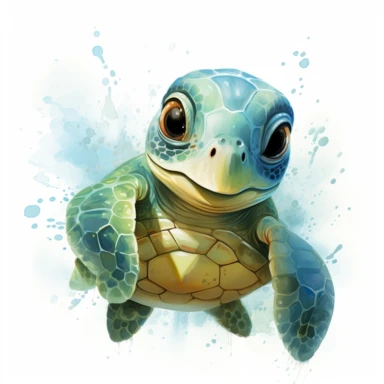Design a caricature watercolor-style clipart of a delightful baby sea turtle, exaggerating its charming features with a palette of vibrant greens and light blues. Begin with the baby turtle, emphasizing its small yet sturdy shell using various tones of green. Use energetic, broad brushstrokes to illustrate the texture of the shell, allowing the colors to mingle freely to give a sense of depth and charm. Next, focus on the turtle's adorable head and flippers, using a brighter shade of blue to dis