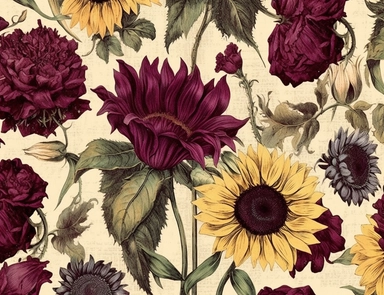 Vintage seamless pattern of Sunflowers, black calla lilies, dark purple carnations, and burgundy scabiosa flower mix pencil sketch, ephemera paper design with ornate illustrations, vintage, distressed textures, muted colors, craft paper texture, handwriting lines in background, pen and ink on paper with watercolor washes Watercolor, vector, white background, rice paper texture, clipart, Seamless patterns, repeating patterns design, flat illustration, outlined , Vector, 4K, Art station, digital p