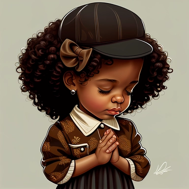 clipart style Afro Latina 7 years old, praying, happy praying hands, curly dark brown hair wearing a beret hat, closed eyes, short sleeve summer dress, dress over the knees.