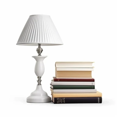 books and table lamp,Single object,hyper realistic, sharp details, simple, should reflect real world object,rich on detail, perfectly centered, real world photo, shape and form must be realistic to the real world object, realistic, png image,png clip art, on solid white background,stock photo, shutterstock, istock, High resolution