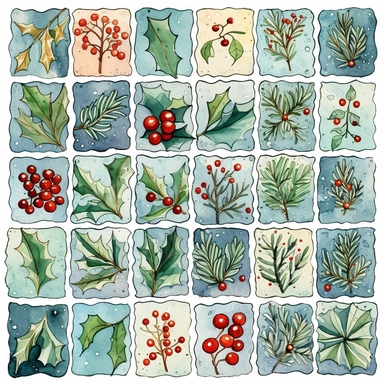 Watercolor line art, little squares filled with doodly patterns of  xmas ,ornaments and decorations , illustrations clipart set, simple, christmas colors , cartoon elements, different variants , stocking, bubble ornaments, mistletoe, holly, wreath, modern art, separate elements with a margin