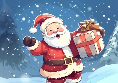 Illustration Santa Claus carries a bag of gifts .Christmas greeting card with cartoon character Santa Claus with hands up. Festive winter clip art isolated natural snowy bokeh background.