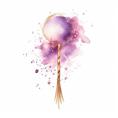 Broomstick, in the style of watercolor illustrations, pink and gold, soft lilac, magical and mystical, galaxy elements, modern minimal watercolor, on white background, clipart