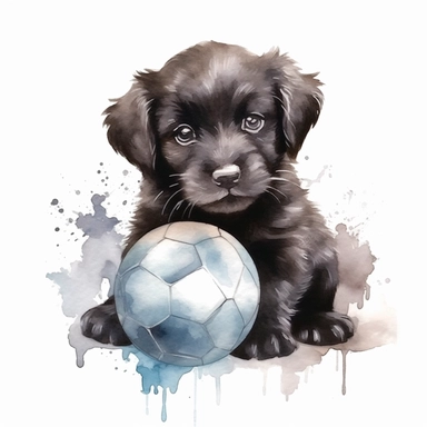 Watercolor puppy playing, with ball that resembles a world globe Clipart - cute puppy , Colour of black and silver, white background, vector art, high definition, clip art, ar 2:2